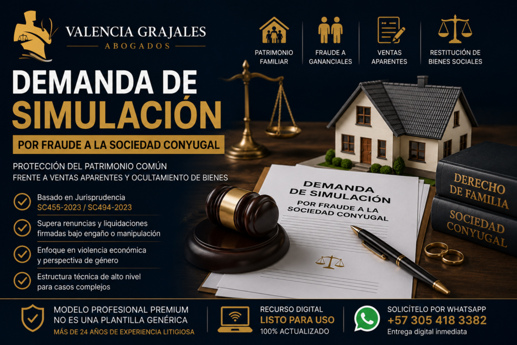 Documento de demanda de simulación por fraude a la sociedad conyugal.